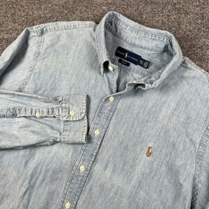 Polo Ralph Lauren Shirt Mens 2XL Blue Denim Chambray Long Sleeve Flesh Pony